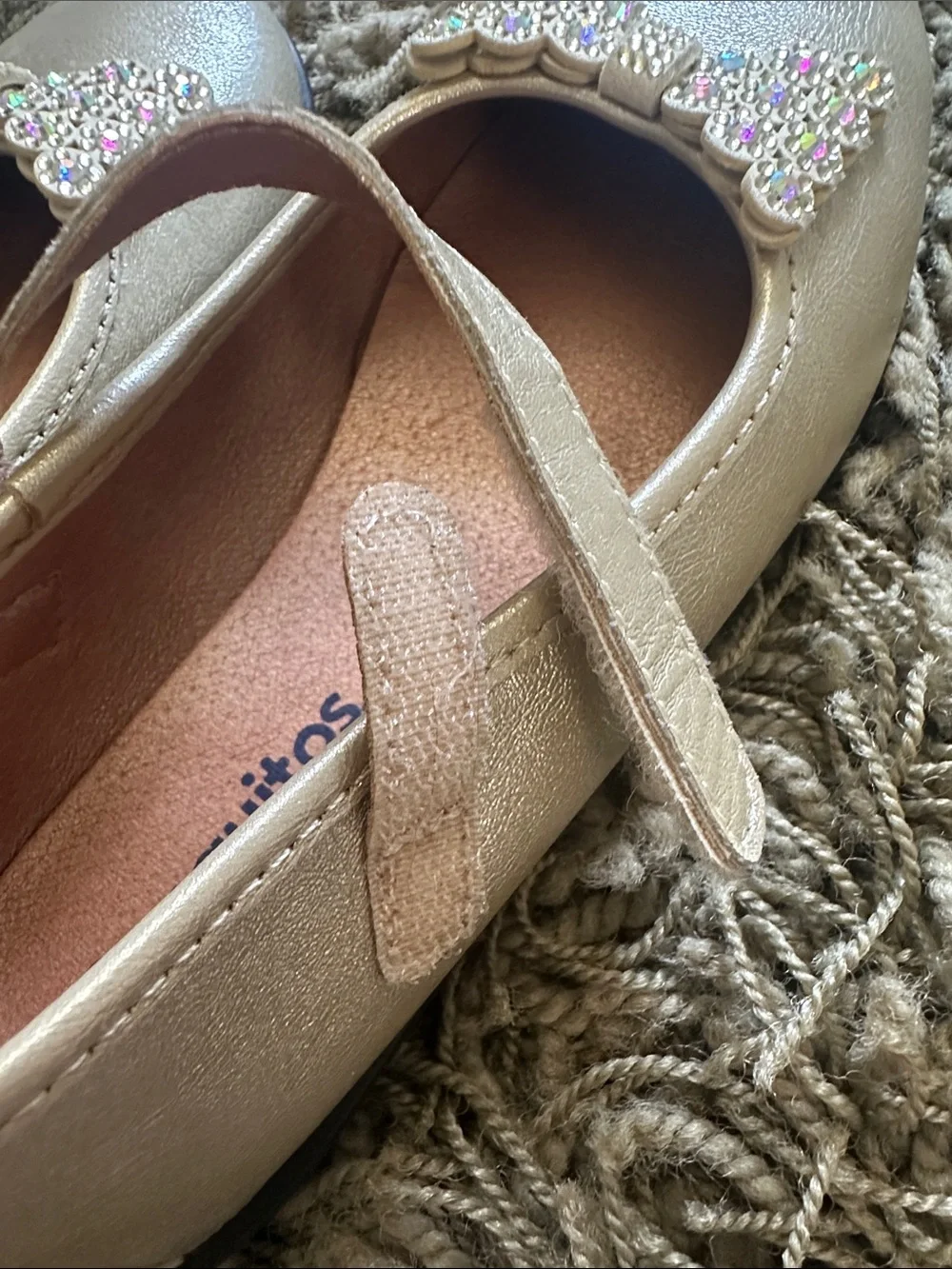 Girls' Gold Mary Janes with Rhinestone Bow